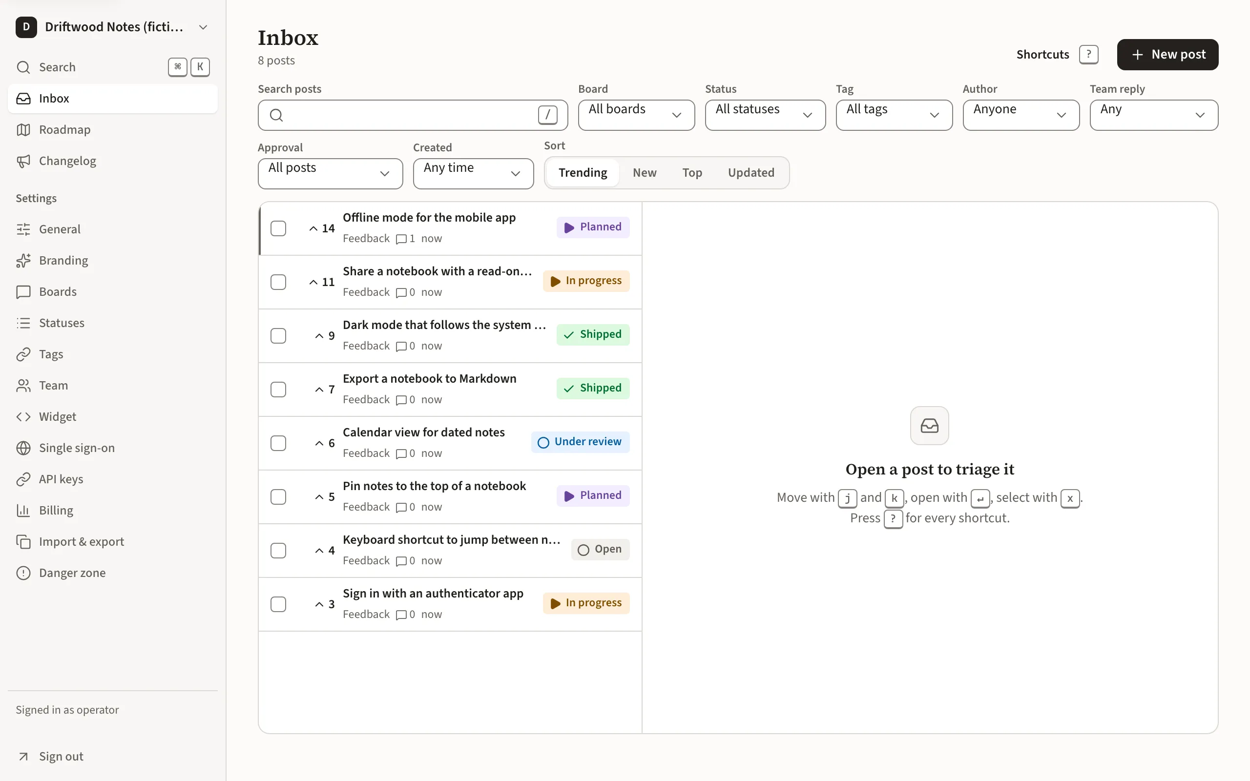 The UpVoiced dashboard inbox for the fictional Driftwood Notes workspace: ideas with votes and statuses, ready to triage by keyboard.