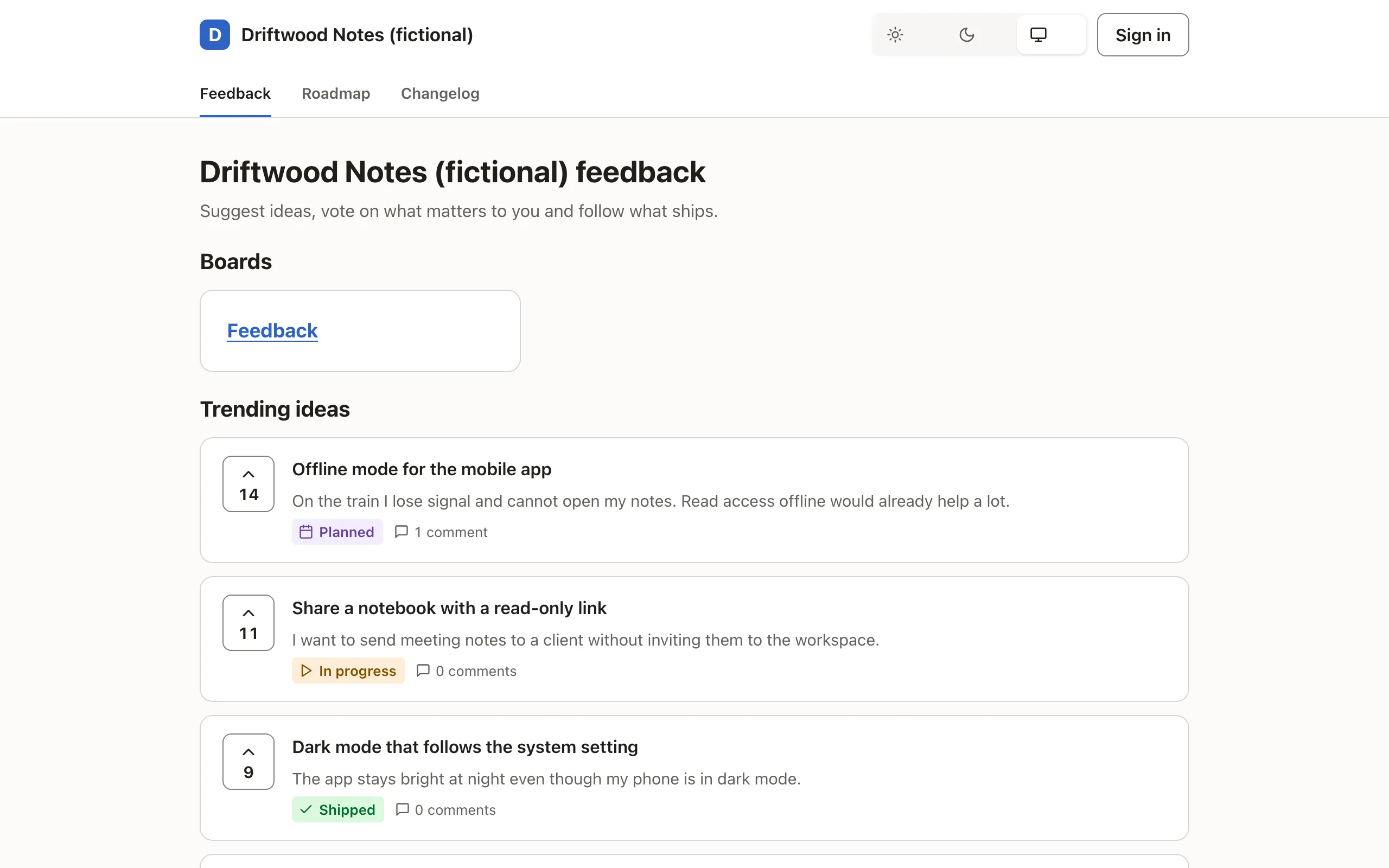The fictional Driftwood Notes feedback board on UpVoiced: ideas sorted by votes, each with its status.