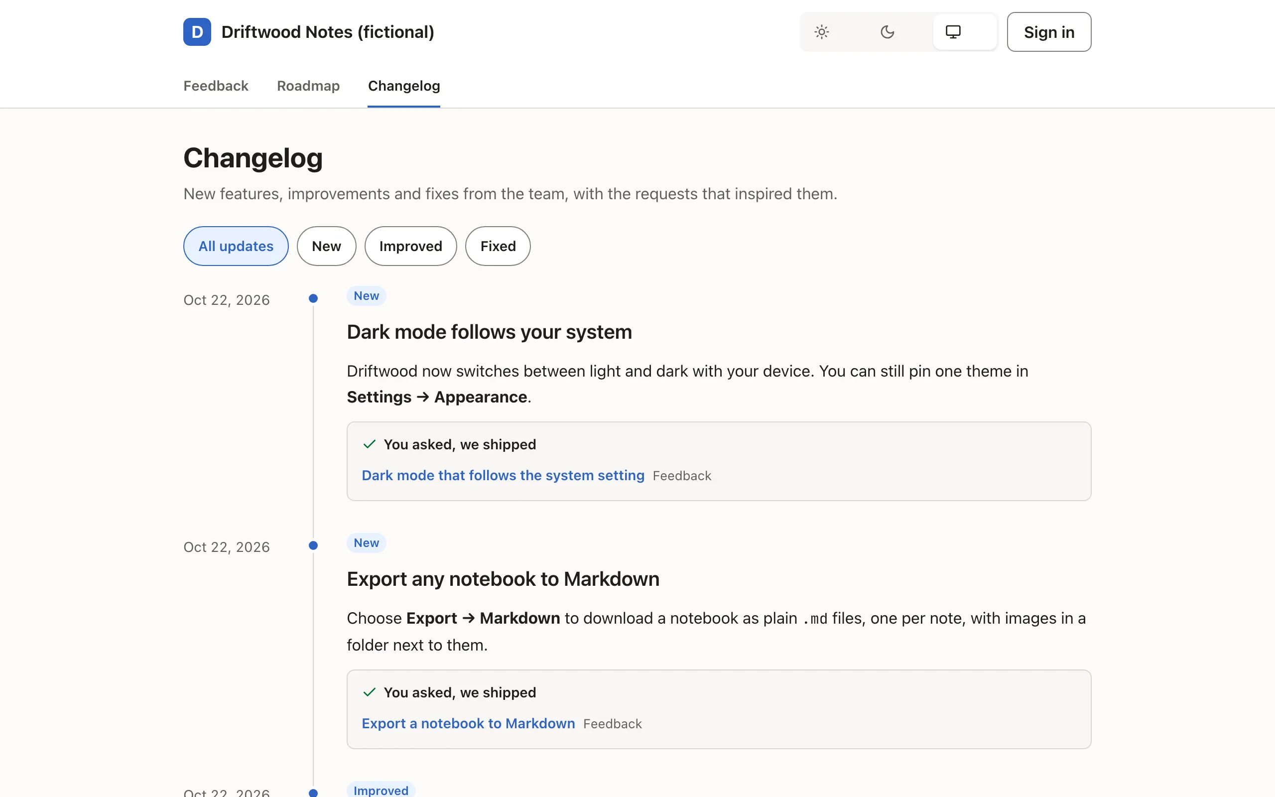 The fictional Driftwood Notes changelog: published updates linked to the ideas they shipped.