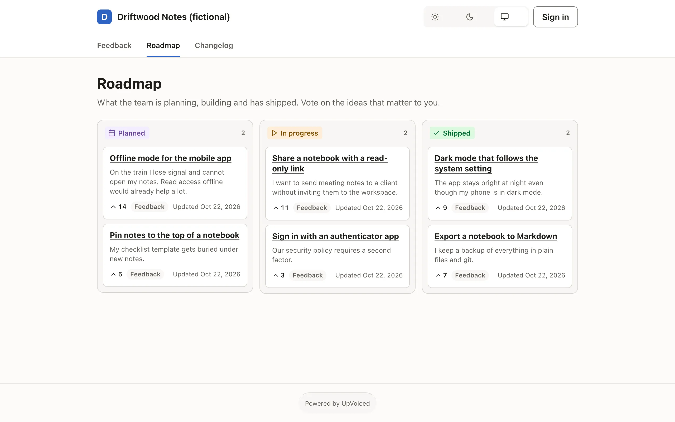 The fictional Driftwood Notes public roadmap with Planned, In progress and Shipped columns.