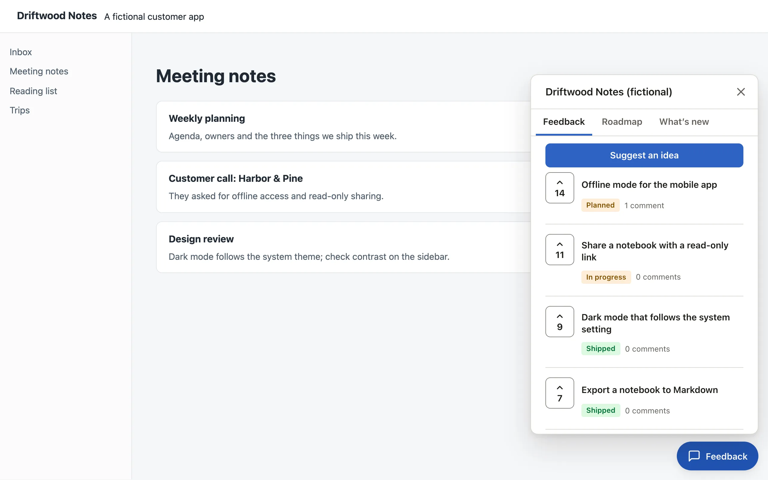 The UpVoiced widget open on a fictional customer app, listing Driftwood Notes ideas with their votes.